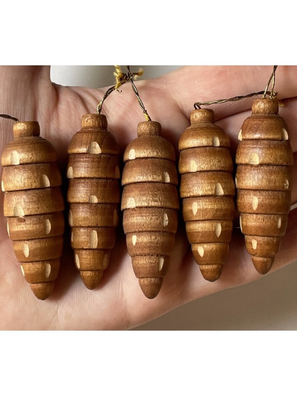 Lot of 5- Antique Vintage 20th C. Erzgebirge Folk Carved Wood Pinecone Ornaments